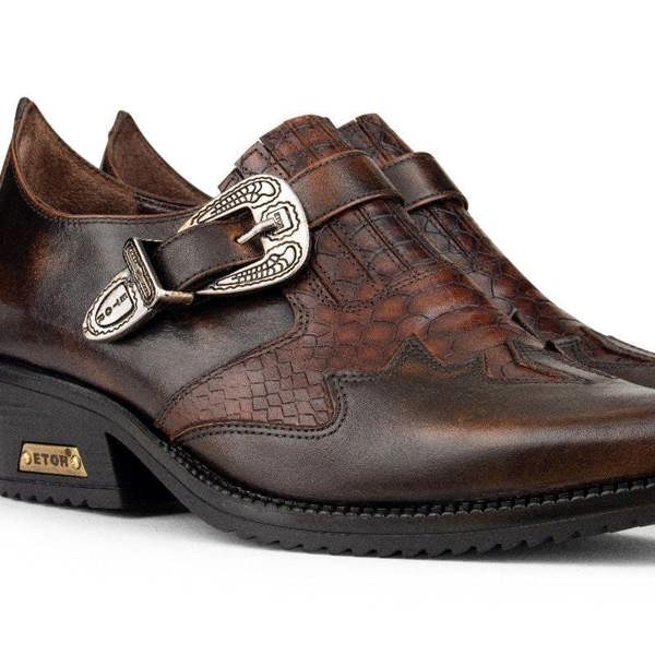 Infinity Leather Men's Brown Leather Winklepickers Cowboy Cuban Biker Boots