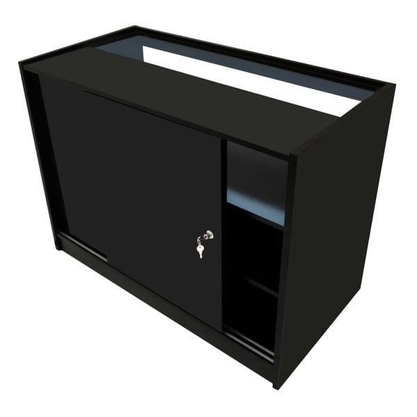 Triton LED Shop Counter Set in sleek black, featuring a sliding door, open shelves, and a modern design ideal for retail spaces