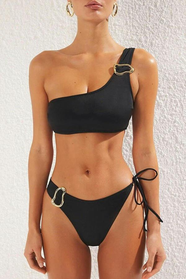 WOVCOR One-Shoulder Covered Regular Waist Bikini Set with Accessories