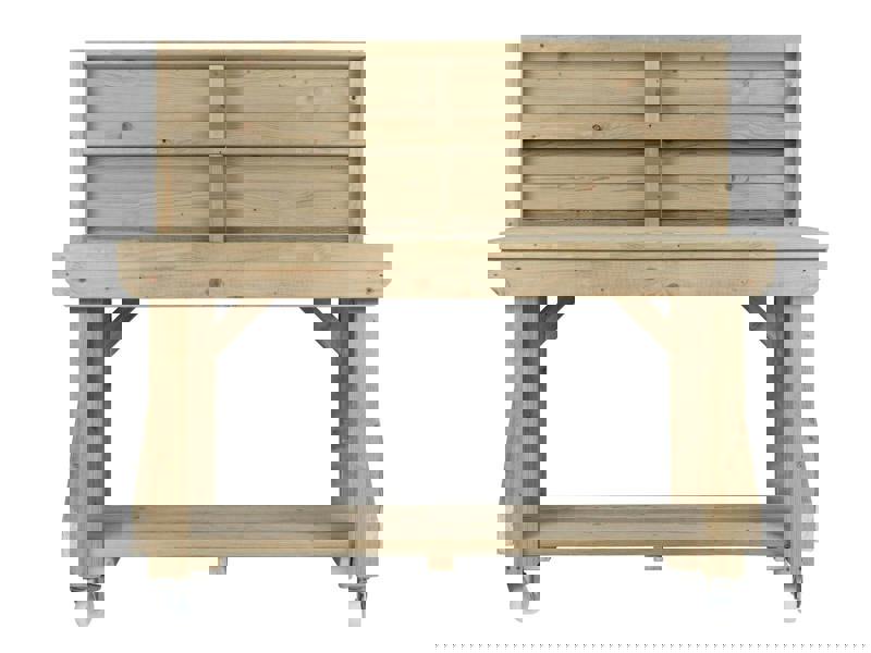 Indoor/Outdoor Pressure-Treated Single Shelf with back panel and wheels Workbench, a robust and versatile solution for all your workspace needs. Handcrafted in the UK, this workbench is constructed from high-quality, pressure-treated timber, ensuring durability and resistance to the elements, making it suitable for both indoor and outdoor use.