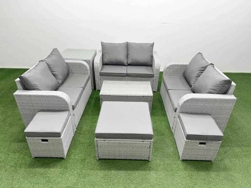 Fimous  9 Seater PE Wicker Rattan Furniture Sofa Sets with Rectangular Coffee Table 2 Seater Love Sofa 3 Stool Light Grey