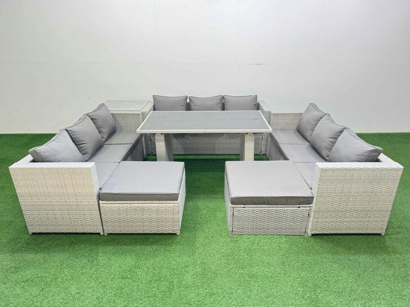 Fimous Patio Outdoor Garden Furniture Sets with Black Glass Top Dining Table 3 Seater Sofa Side Table 2 Big Stool Light Grey