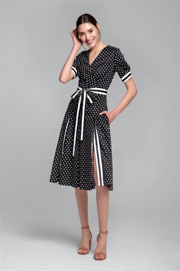 Rumour London Jennifer polka dot fit-and-flare cotton dress with striped details and slits