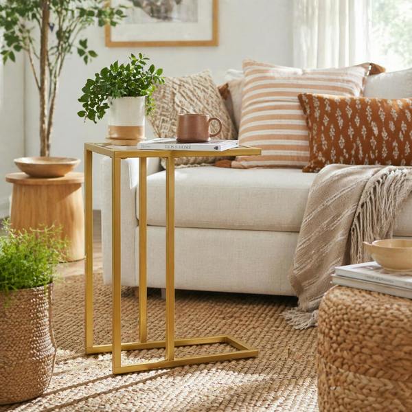 Wyld Haus Ramise Gold Metal And Glass Slim C Shaped Side Table