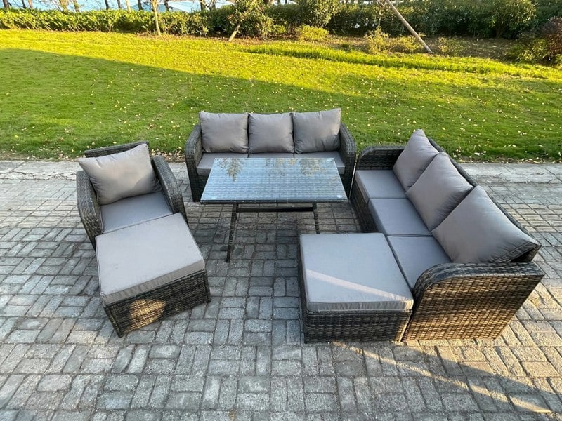 Fimous Rattan Garden Furniture Dining Set 9 seater Patio Rectangular Table 2 Big Footstool Dark Grey Mixed