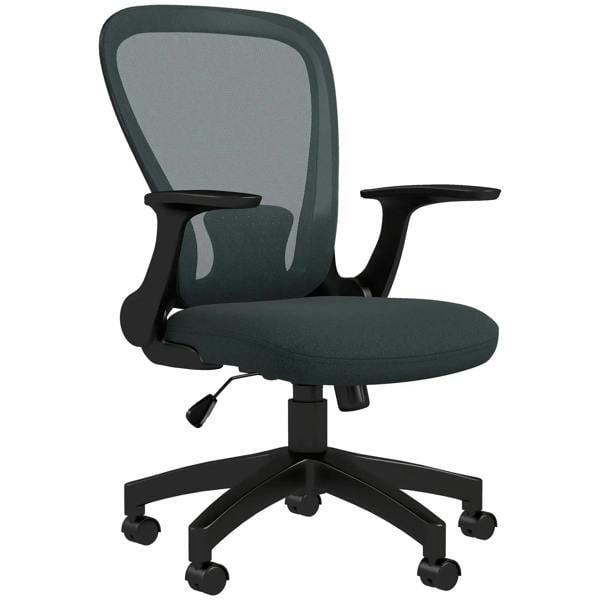 Grey ergonomic office chair with mesh back, padded seat, and flip-up armrests