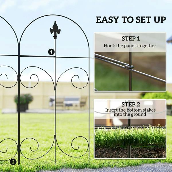 Black metal fence panel assembly showing vertical posts and arched top design