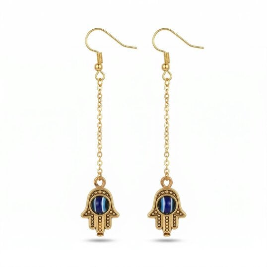The Colourful Aura Handmade Long Chain Hamsa Evil Eye Fatima Hand Tassel Chain Drop Earring