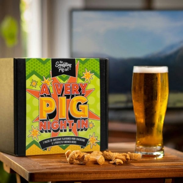 The Snaffling Pig Co Very Pig Night In: Pork Crackling and Beer Gift Hamper Box