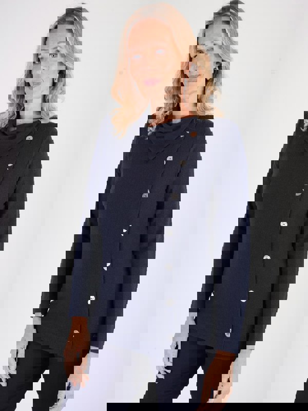 PennyPlain Button Split Cowl Neck Top - Navy