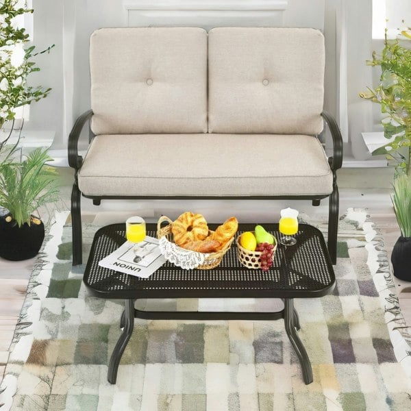 Rafaelo Mobilia 2 Seater Outdoor Bench With Padded Cushions And Table Cream