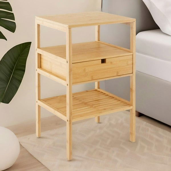Rafaelo Mobilia Bamboo Bedside Table With Drawer and Shelf Natural Brown