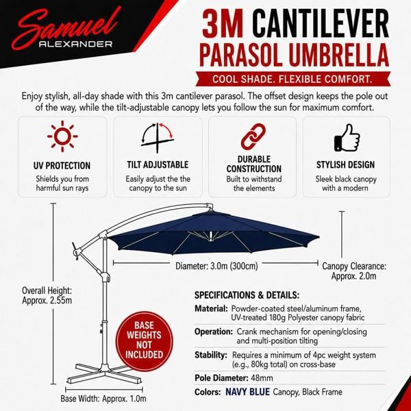 Samuel Alexander 3m Cantilever Parasol in Blue with Crank Handle - Patio Garden Banana Parasol with UV Protection Outdoor Umbrella Sun Shades - Garden