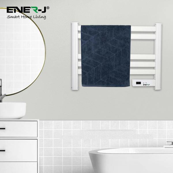Ener-J 100W Infrared Heated Towel Rail, Wall Mounted 5-Bar Electric Bathroom Radiator, LED Timer, IP24 White