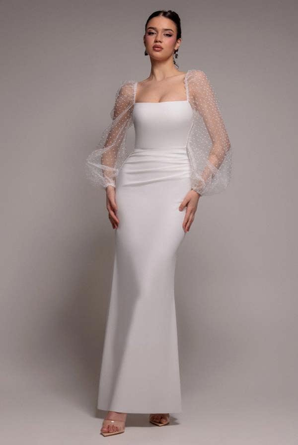 Dobby Organza Bishop Sleeve Multiway Maxi Dress - White DR5011
