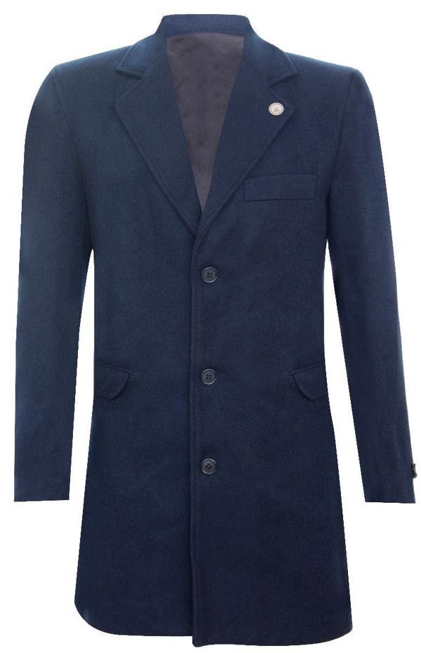 TruClothing Men's Long Navy Wool Slim Fit Overcoat