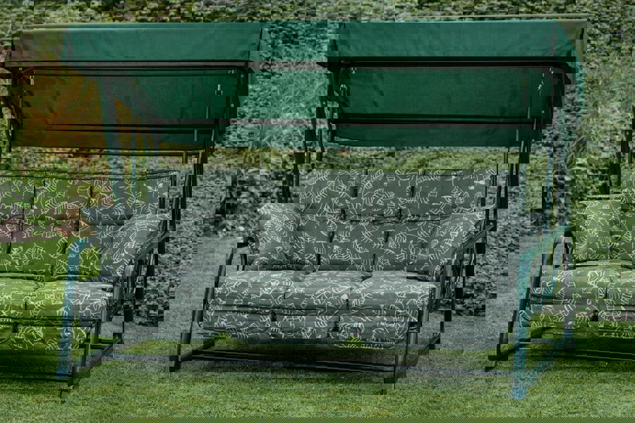 REPLACEMENT CUSHION ONLY Vienna Deluxe 3 Seater Garden Hammock (Pattern options available) 153cm (H) x 140cm (W) X 121cm (D) Aspen Green Leaf (Green Frame) The Garden Furniture Shop