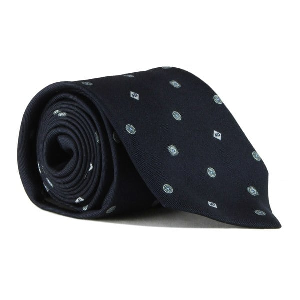 Dunhill monogram and dot patterned tie in mulberry silk midnight navy blue white