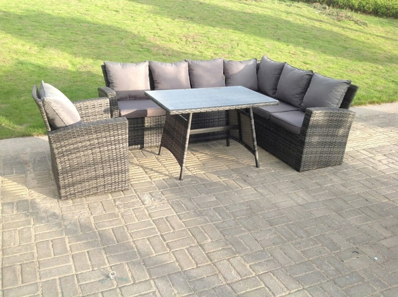 Fimous 7 Seater High Back Rattan Garden Furniture Set Corner Sofa With Oblong Dining Table And Chair Set