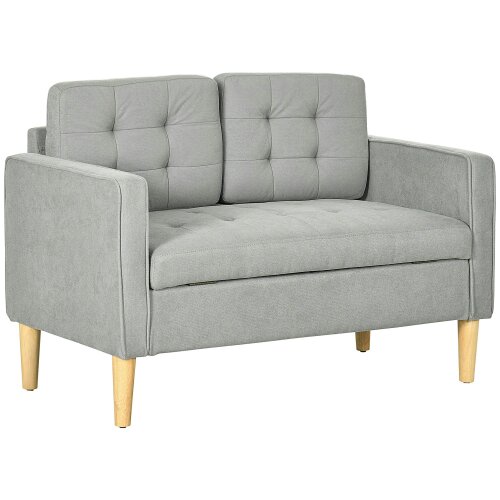 Wyld Haus Pamo Fabric Light Grey Compact 2 Seater Sofa With Hidden Storage Tufted Seat And Wooden Legs