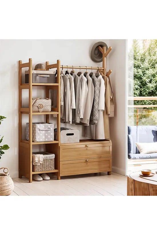 Living and Home Freestanding Bamboo Clothes Rack Garment Rack with Storage Shelves Coat Hanger