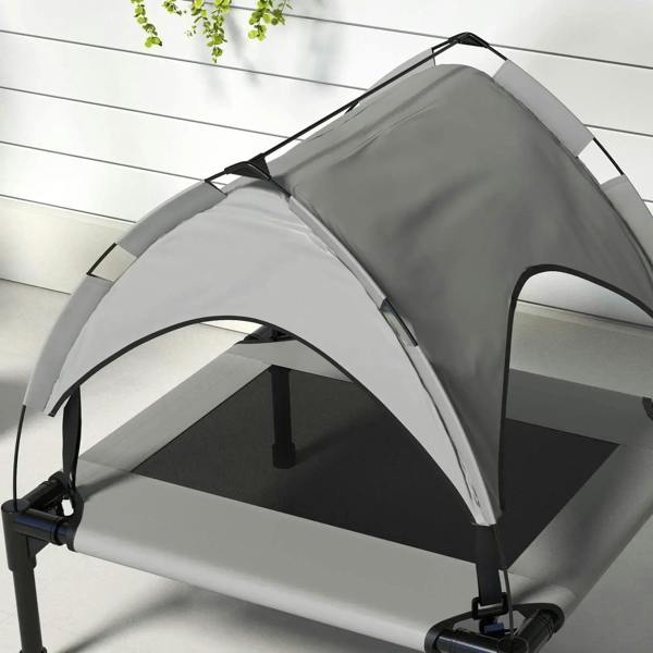 Close view of light grey cooling pet bed canopy and breathable mesh interior