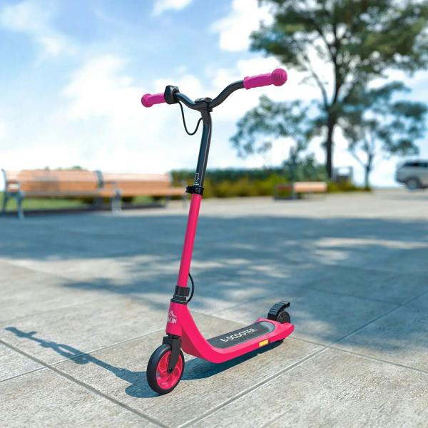 Pink electric scooter with black handlebar grips and front wheel, side view