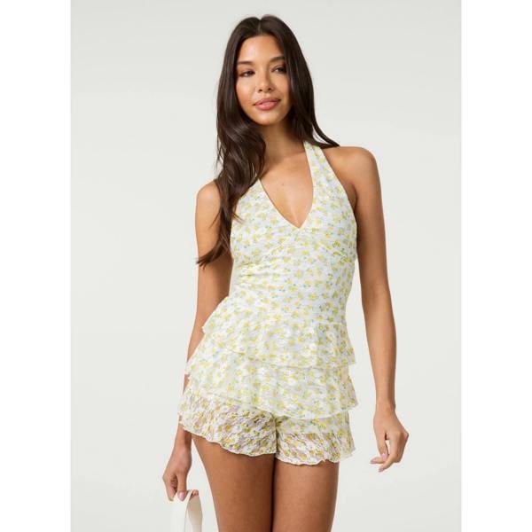 Pink Vanilla Lemon Printed Lace Halter Neck Mini Dress With Shorts