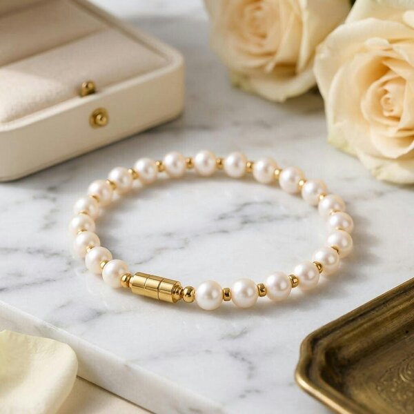 The Colourful Aura White Pearl Beaded Bracelet with Gold Screw Lock Clasp