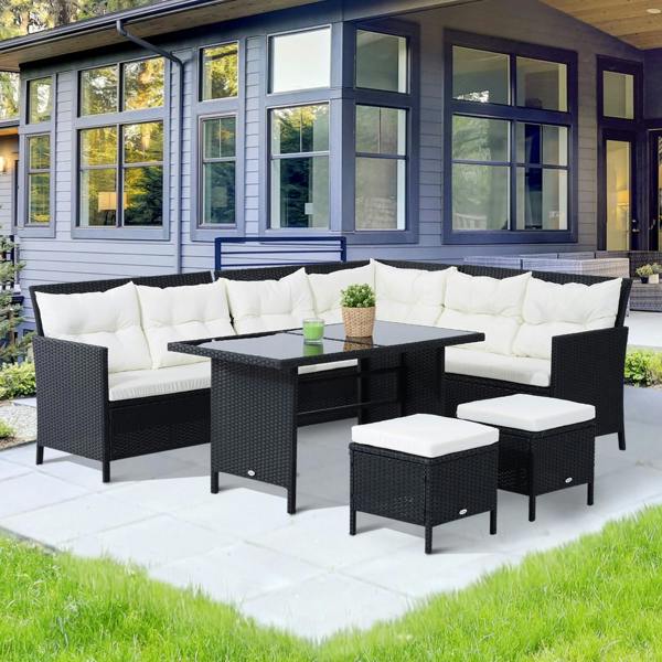Wyld Haus Semapa Rattan Black 8 Seater Corner Dining Sofa Set With Coffee Table Footstool And White Cushions