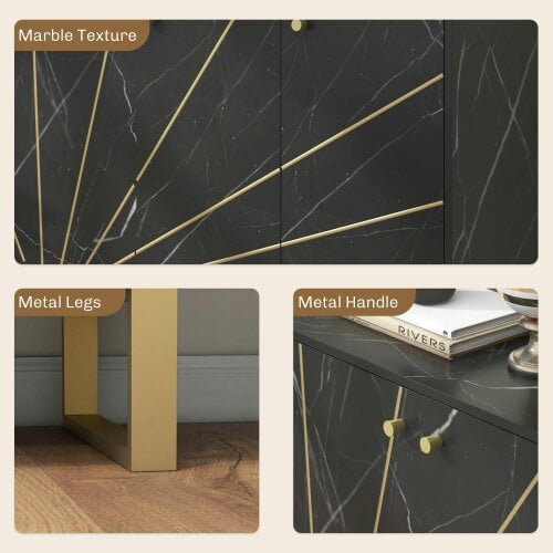 Wyld Haus Suno Black Marble Effect Sideboard Golden Metal Legs 3 Doors