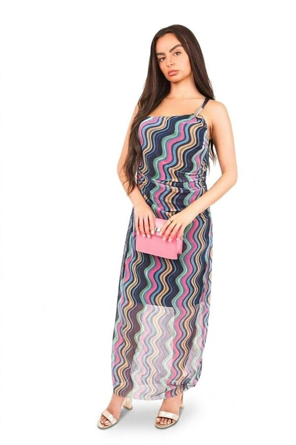 Jalia Wavy Print Ruched Mesh Strap Maxi Dress - Multi_wb