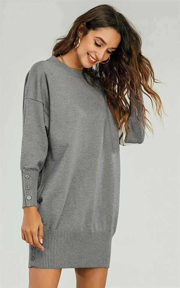 FS Collection Knitted Tunic Jumper Dress With White Stripe In Grey