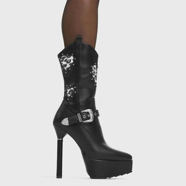 Lamoda Anger Management Women Black PU Leo Heart Calf Boots Chunky Platform