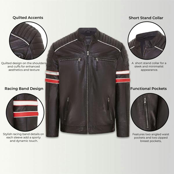 Infinity Leather Mens Quilted Leather Biker Racing Jacket- Brevik