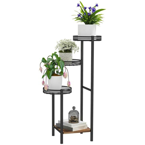 Black four-tier steel plant stand with round shelves and decorative lattice edges.