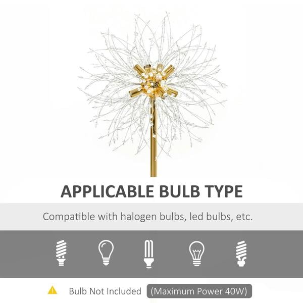 Gold tone dandelion crystal floor lamp top with starburst crystal needles and bulb info