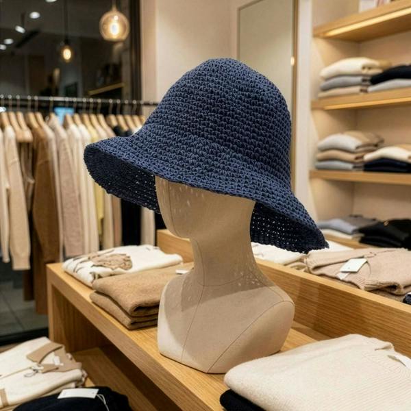 Navy blue woven straw sun hat with floppy brim and curved crown