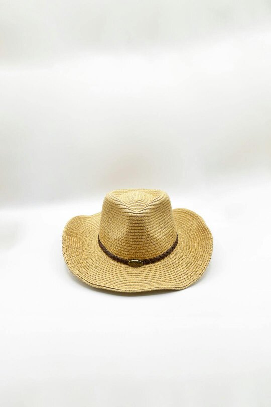 SVNX Wide Brim Straw Sun Hat with Adjustable Chin Strap in Beige
