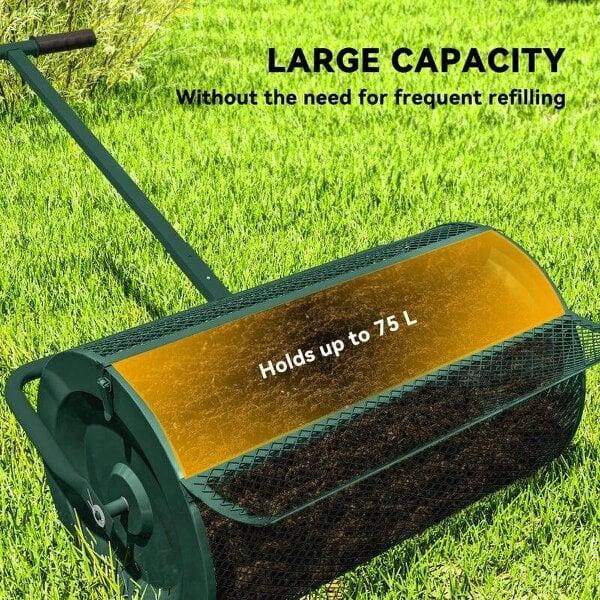 Compost Spreader, 24" Peat Moss Spreader -Height Adjustable T Shaped Handle & Metal Mesh Basket, Garden Spreader for Seeding, Spreading Manure