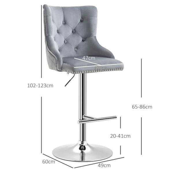 Grey velvet bar stool with button-tufted back, nailhead trim, height-adjust lever, chrome base