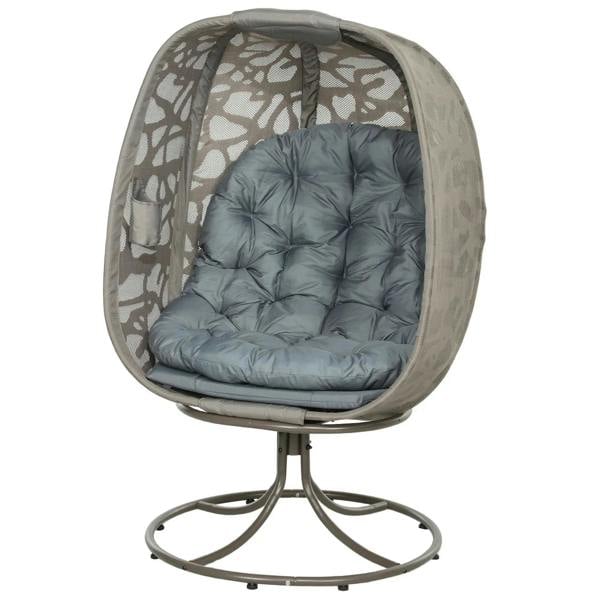 Swivel egg chair with blue-grey cushioned seat and grey patterned basket-style frame