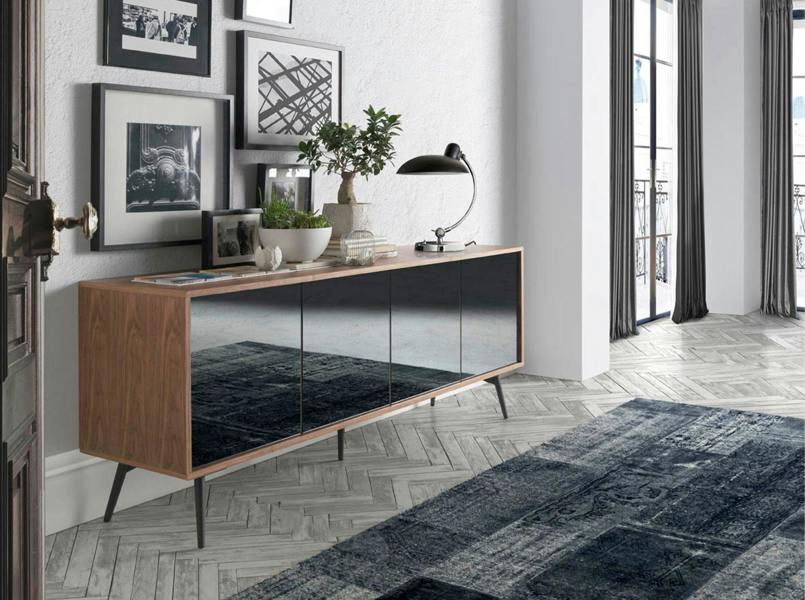 Angel Cerdá Black Mirror Effect Glass, Walnut and Black Steel Sideboard 3061