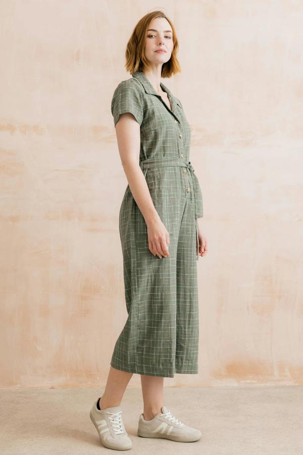 Lily & Me Josie Checked Organic Cotton Cropped Jumpsuit Green