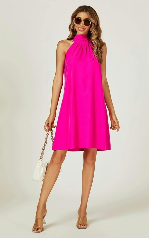 FS Collection Halter Neck Tie Back Mini Dress In Magenta