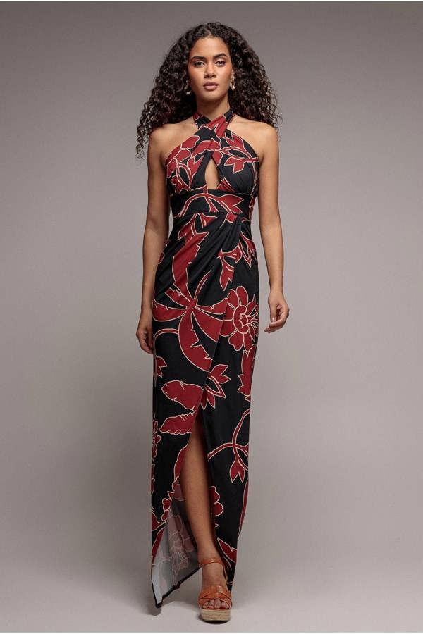 Printed Crossover Maxi Dress - Black DR3602