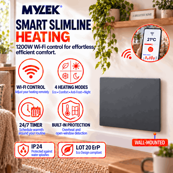 MYLEK Electric Radiator Panel Heater Grey WIFI Smart APP Eco 1200W Bathroom Safe Wall Mounted Timer Thermostat