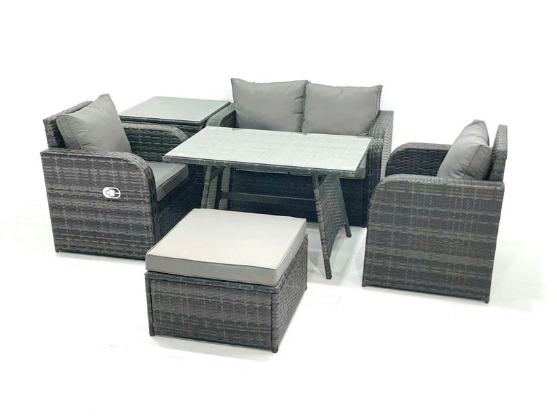 Fimous Outdoor Garden Furniture Set Rattan Sofa Dining Table Set with Reclining Chair Side Table Big Footstool Dark Grey Mixed