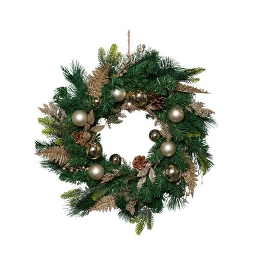Samuel Alexander 60cm Hanging Christmas Wreath with Gold Baubles, Pinecones & Glitter Berries