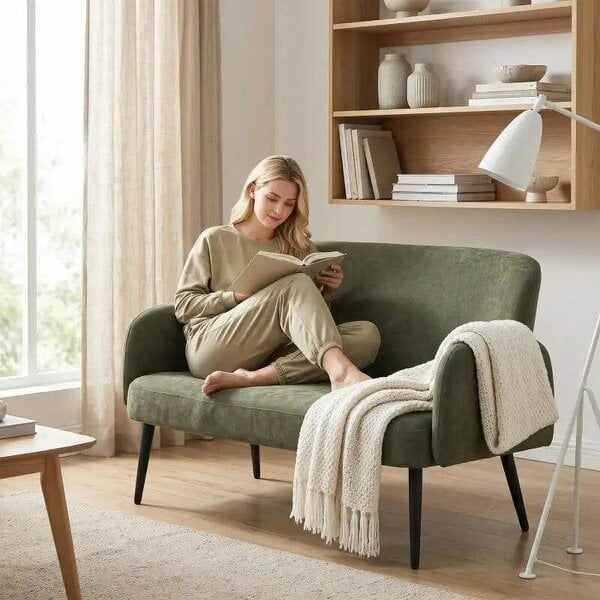 132cm 2 Seater Sofa, Velvet Comfy Small Sofa Couch with Wide Seat, Thick Padding, Tapered Metal Legs, Green